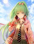  blush green_eeys green_hair hatsune_miku jacket long_hair ponytail tie vocaloid 