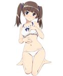  bangs bare_legs bare_shoulders barefoot blue_eyes blunt_bangs blush bra brave_witches brown_hair frills full_body georgette_lemare hair_ribbon kneeling long_hair looking_at_viewer nanashino navel panties ribbon simple_background smile solo twintails underwear underwear_only white_background white_bra white_panties world_witches_series 