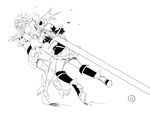  battle cranberry_(mahoiku) duel edoya_pochi genderswap genderswap_(mtf) greyscale headbutt horns la_pucelle_(mahoiku) long_hair mahou_shoujo_ikusei_keikaku mahou_shoujo_ikusei_keikaku_unmarked monochrome multiple_girls sword weapon 