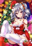  ankle_boots bare_shoulders bell blush boots breasts christmas_tree drill_hair elbow_gloves fur-trimmed_boots fur_trim gloves hat idolmaster idolmaster_cinderella_girls kanzaki_ranko large_breasts long_hair looking_at_viewer nipples one_eye_closed purple_eyes red_footwear red_gloves santa_hat silver_hair sitting smile solo sweat tears thighhighs twin_drills urabi_(tomatohouse) white_legwear 