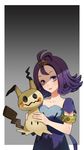  :p acerola_(pokemon) antenna_hair armlet collarbone dress eyelashes gen_7_pokemon gradient gradient_background hair_ornament hairclip head_tilt highres holding looking_at_viewer mimikyu pokemon pokemon_(creature) pokemon_(game) pokemon_sm purple_dress purple_eyes purple_hair ram_(ramlabo) shadow short_hair short_sleeves smile stitches tongue tongue_out trial_captain upper_body 