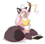  2016 5_fingers anthro black_nose breasts canine clothed clothing female fox hair mammal midriff navel open_mouth purrchinyan simple_background smile solo teeth tongue white_background white_hair wide_hips yellow_eyes yellow_tongue 