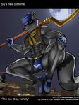  2016 abs anthro belt bulge cane clothed clothing ear_piercing english_text footwear full_moon gloves hand_on_knee harness hat holding_object holding_weapon looking_at_viewer male mammal moon muscular muscular_male nipple_piercing nipples pecs piercing pubes raccoon renthedragon scarf shoes skimpy sky skyline sly_cooper sly_cooper_(series) smile solo text thong topless video_games weapon 