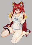  absurdres adultonly animal_ears bad_id bad_pixiv_id bangle barefoot blush bracelet breasts cameltoe cat_ears cerberus_(shingeki_no_bahamut) clenched_hands collarbone fang full_body hair_between_eyes highres jewelry long_hair looking_at_viewer medium_breasts name_tag old_school_swimsuit one-piece_swimsuit open_mouth paw_pose red_eyes red_hair school_swimsuit shingeki_no_bahamut simple_background sitting solo sweatdrop swimsuit thigh_strap twintails very_long_hair wariza white_school_swimsuit white_swimsuit 