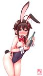  absurdres alternate_costume animal_ears black_hair black_leotard blue_eyes bottle bow bowtie braid breasts bunny_ears bunny_tail bunnysuit cleavage covered_navel dated detached_collar drunk hair_flaps hair_over_shoulder highres kanon_(kurogane_knights) kantai_collection leaning_forward leotard medium_breasts open_mouth remodel_(kantai_collection) shigure_(kantai_collection) single_braid solo tail wine_bottle wrist_cuffs 
