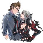  1girl aranea_highwind breasts brown_hair cleavage eye_contact final_fantasy final_fantasy_xv fuyu_(sssnx) glasses gloves grey_hair hand_on_hip ignis_scientia looking_at_another medium_breasts necktie 
