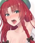  asa_(coco) bare_shoulders beret black_bow blue_eyes blush bow braid breasts cleavage collarbone commentary hair_bow hat hong_meiling long_hair looking_at_viewer nose_blush off_shoulder open_mouth red_hair saliva small_breasts solo star teeth tongue tongue_out touhou twin_braids upper_body 