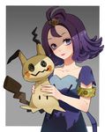  :p acerola_(pokemon) antenna_hair armlet collarbone dress eyelashes gen_7_pokemon gradient gradient_background hair_ornament hairclip head_tilt highres holding looking_at_viewer mimikyu pokemon pokemon_(creature) pokemon_(game) pokemon_sm purple_dress purple_eyes purple_hair ram_(ramlabo) shadow short_hair short_sleeves smile stitches tongue tongue_out trial_captain upper_body 