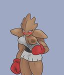  2016 alorix areola blue_eyes blush boxing_gloves breasts brown_skin clothed clothing dress female flashing frown grey_background hitmonchan humanoid looking_aside muscular muscular_female nintendo nipples pok&eacute;mon portrait simple_background solo three-quarter_portrait video_games 