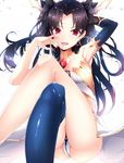  arm_up armpits ass asymmetrical_legwear asymmetrical_sleeves bare_shoulders black_hair breasts crossed_legs crown earrings fate/grand_order fate_(series) hair_ornament hair_ribbon highres hoop_earrings ishtar_(fate/grand_order) jewelry long_hair long_legs looking_at_viewer medium_breasts open_mouth red_eyes ribbon ripe.c single_thighhigh smile solo thighhighs two_side_up white_background 