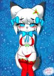  2016 anthro blush breasts canine chest_tuft chibi christmas clothed clothing digital_media_(artwork) eyelashes female fox fur hair hi_res holidays kemono legwear looking_at_viewer mammal milkteafox simple_background smile snowflake solo standing stockings tuft underwear white_fur 