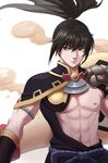  abs bangs bei_ju_luoxuan_wan black_eyes black_hair chest closed_mouth cosplay cosplay_request floating_hair gintama highres hijikata_toshizou japanese_clothes lips long_hair looking_to_the_side magatama male_focus muscle navel nipples onmyoji pauldrons ponytail rope sash simple_background smoke solo stomach upper_body white_background 