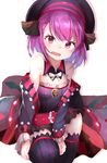  absurdres bare_shoulders black_legwear blush commentary_request detached_sleeves fate/grand_order fate_(series) flat_chest hat helena_blavatsky_(fate/grand_order) highres looking_at_viewer open_mouth purple_eyes purple_hair ranf short_hair solo thighhighs 