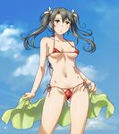  ass_visible_through_thighs bikini body_blush breasts breasts_apart brown_eyes cameltoe closed_mouth cloud collarbone contrapposto covered_nipples day frown green_hair groin hair_between_eyes hair_ribbon halterneck hip_bones holding holding_towel kantai_collection long_hair looking_away medium_breasts micro_bikini navel outdoors red_bikini ribbon sameha_ikuya side-tie_bikini sideboob sky solo standing swimsuit thighs towel twintails underboob white_ribbon zuikaku_(kantai_collection) 