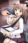  1girl bag bow breast_grab brown_eyes brown_hair cutting_clothes knife open_mouth panties skirt torn_clothes watarurikka 