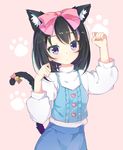  :c absurdres animal_ears arm_up bangs bell black_hair blue_skirt blush bow camisole cat_ears cat_tail center_frills clenched_hands cowboy_shot eyebrows_visible_through_hair hair_bow hand_up heart heart_print highres kikistark long_hair looking_at_viewer original paw_pose paw_print pink_background pink_bow purple_eyes shirt skirt solo standing tail tail_bell tail_bow white_shirt 