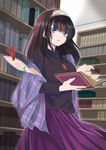  black_hair blue_eyes blush book bookmark breasts commentary_request hair_between_eyes hairband holding holding_book idolmaster idolmaster_cinderella_girls jewelry kelu. large_breasts library long_hair long_sleeves looking_at_viewer necklace open_book pendant ribbed_sweater sagisawa_fumika shawl smile solo sweater 