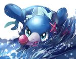  2016 blue_eyes blue_skin feral fin hi_res magiace marine nintendo pink_nose pok&eacute;mon popplio signature solo starfish video_games water white_skin 