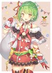  2016 artist_name bangs bare_shoulders bell black_ribbon blush boots braid breasts brown_background brown_eyes capelet christmas cleavage commentary cowboy_shot dated dress earrings eyebrows_visible_through_hair frilled_capelet frills fur-trimmed_gloves fur_trim gift gloves green_hair green_ribbon hair_ornament hair_ribbon hairclip hand_up highres holding jewelry looking_at_viewer medium_breasts merry_christmas momoko_(momopoco) neck_ribbon open_mouth original red_dress red_gloves red_ribbon ribbon sack santa_costume short_dress short_hair signature smile solo star starry_background striped striped_ribbon thigh_boots thighhighs thighs white_ribbon yellow_ribbon yukari_(momoko) zettai_ryouiki 
