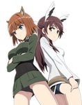  animal_ears ass back-to-back black_panties blue_eyes blush brave_witches breasts brown_eyes brown_hair crossed_arms from_below gundula_rall karibuchi_takami large_breasts long_hair long_sleeves looking_back military military_uniform multiple_girls nanashino panties short_hair small_breasts smile swimsuit swimsuit_under_clothes tail underwear uniform world_witches_series 