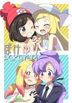  &gt;_&lt; :d beanie blonde_hair blue_eyes blush braid brown_eyes brown_hair cheek-to-cheek closed_eyes commentary_request earpiece eromame facepaint formal gloves hat holding_hands interlocked_fingers leaning_on_person lila_(pokemon) lillie_(pokemon) long_hair matsurika_(pokemon) mizuki_(pokemon) multiple_girls necktie one_eye_closed open_mouth pokemon pokemon_(game) pokemon_sm ponytail purple_eyes purple_hair short_hair smile suit sun_hat translated xd yuri 
