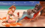  4_toes 5_fingers anthro beach bikini black_bars black_hair blue_fur breasts brown_hair canine clothing day dessert detailed_background digitigrade duo female food fur hair ice_cream mammal mouse outside pink_nose purrchinyan rodent seaside sitting sky smile swimsuit toes water 