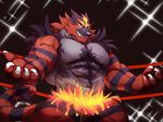  2016 5_fingers abs anthro biceps big_muscles black_fur black_tail cheek_tuft claws digital_media_(artwork) fangs feline fighting_ring fire front_view fur green_eyes grey_fur grey_nose grin half-length_portrait hi_res incineroar istani lights male mammal multicolored_fur multicolored_tail muscular muscular_male nintendo nude pecs pok&eacute;mon portrait pose red_fur red_tail ringed_tail rope shoulder_tuft solo standing tail_tuft teeth tuft two_tone_tail video_games white_claws yellow_fur 