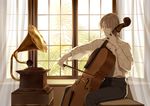  black_pants bow_(instrument) brown_hair cello closed_eyes closed_mouth collared_shirt curtains day holding indoors instrument light_smile male_focus megaphone music original outstretched_arm pants phonograph plant playing_instrument shirt sitting solo srb7606 white_shirt window 