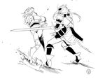  battle cranberry_(mahoiku) duel edoya_pochi genderswap genderswap_(mtf) greyscale horns la_pucelle_(mahoiku) long_hair mahou_shoujo_ikusei_keikaku mahou_shoujo_ikusei_keikaku_unmarked monochrome multiple_girls sword weapon 