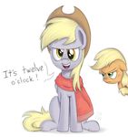  ! 2016 applejack_(mlp) blonde_hair cosplay cowboy_hat derp_eyes derpy_hooves_(mlp) dialogue duo earth_pony english_text equine female feral freckles friendship_is_magic green_eyes hair hat horse mammal manual-monaro my_little_pony open_mouth overwatch pony scarf simple_background sitting text video_games white_background yellow_eyes 