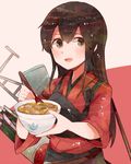  akagi_(kantai_collection) alternate_costume black_hair bowl brown_eyes employee_uniform itomugi-kun japanese_clothes kantai_collection long_hair looking_at_viewer muneate nakau quiver rigging solo tasuki udon uniform upper_body 