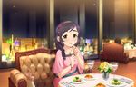  black_hair blush braids dress food green_eyes idolmaster idolmaster_cinderella-girls_starlgiht_stage idolmaster_cinderella_girls long_hair night yao_fueifuei 