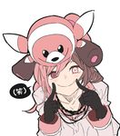  :&gt; brown_hair color_connection doll_on_head esu_(transc) finger_to_cheek gen_7_pokemon gloves heterochromia highres jewelry necklace neo_(rwby) pink_hair pokemon pokemon_(creature) pokemon_(game) pokemon_sm rwby smile stufful translated 