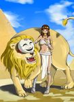  1girl ancient_egypt animal armlet breasts brown_hair copyright_request lion long_hair mask sand tagme underboob 