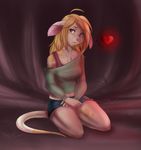  &lt;3 5_fingers anthro blonde_hair clothing female fur grass hair kneeling mammal mouse outside pink_nose purrchinyan rodent solo tan_fur wide_hips 