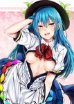  black_hat blue_hair blue_skirt breasts breasts_apart breasts_outside food fruit hair_between_eyes hand_on_own_head hat highres hinanawi_tenshi long_hair looking_at_viewer nipples open_clothes open_mouth open_shirt peach red_eyes ribbed_shirt shirt short_sleeves skirt small_breasts smile solo sweat touhou very_long_hair yuhito_(ablbex) 