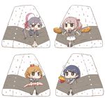  ahoge akebono_(kantai_collection) apron bandaid bandaid_on_face bell blue_hair blush brown_eyes brown_hair bunny_hair_ornament chibi commentary_request crab crab_on_head drooling flower food fried_chicken full_body hair_bell hair_bobbles hair_flower hair_ornament highres holding holding_food inishie jingle_bell jitome kantai_collection long_hair long_sleeves maid_apron messy_hair minigirl multiple_girls oboro_(kantai_collection) onigiri pink_hair purple_eyes purple_hair restrained sandals sazanami_(kantai_collection) school_uniform serafuku short_hair side_ponytail simple_background skirt smile sweatdrop sweet_potato tape toothpick twintails ushio_(kantai_collection) white_background white_skirt 