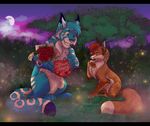  black_bars blue_fur blue_hair canine cat detailed_background duo eyes_closed feline female feral fluffy fluffy_tail fox fur grass hair male mammal moon night nude orange_fur outside paws pink_nose purrchinyan sitting sky smile teeth white_fur 