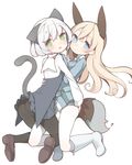  animal_ears ass black_legwear blonde_hair blue_eyes blush boots cat_ears eila_ilmatar_juutilainen fox_ears fox_tail green_eyes kinakomoti knee_boots long_hair long_sleeves looking_at_viewer military military_uniform multiple_girls open_mouth pantyhose sanya_v_litvyak short_hair silver_hair simple_background smile strike_witches tail uniform white_background white_footwear white_legwear world_witches_series 