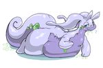 ambiguous_gender belly big_belly blue_eyes blush dragon gastropod goodra looking_at_viewer lying nintendo on_front overweight pok&eacute;mon solo thick_thighs unknown_artist video_games wide_hips 