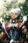  archer bruise bush closed_eyes commentary_request dark_skin dark_skinned_male death deep_wound fate/stay_night fate_(series) injury leaf lying male_focus nui_saki on_back outdoors plant solo sword tears torn_clothes weapon white_hair 