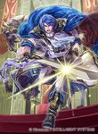  blue_hair boots cape company_connection copyright_name detached_sleeves fire_emblem fire_emblem:_seisen_no_keifu fire_emblem_cipher holding holding_weapon horse looking_at_viewer male_focus official_art open_mouth sigurd_(fire_emblem) suzuki_rika sword weapon 