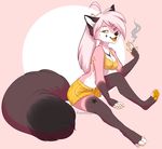  5_fingers anthro black_nose canine female fingers fluffy fluffy_tail fox fur hair looking_at_viewer mammal midriff navel open_mouth pawpads pink_fur pink_hair purrchinyan simple_background sitting smile solo teeth toes wide_hips yellow_eyes yellow_pawpads 