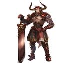  agielba animal_ears armor armored_boots beard boots draph facial_hair full_body gloves granblue_fantasy horns male_focus minaba_hideo official_art shirtless simple_background solo sword tattoo weapon white_background 