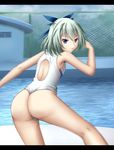  1girl artist_request ass back bare_shoulders blue_eyes cameltoe competition_swimsuit from_behind hair_ribbon hip_attack keijo!!!!!!!! looking_at_viewer miyata_sayaka one-piece_swimsuit ribbon short_hair silver_hair smile solo swimsuit white_swimsuit 
