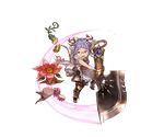  apron axe boots double_bun elmelaura flower food fruit full_body glasses granblue_fantasy harvin minaba_hideo official_art open_mouth pink_eyes pointy_ears purple_hair solo transparent_background weapon 