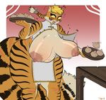  anthro big_breasts blush breasts clothing dumplings feline female food huge_breasts mammal nipples roly slightly_chubby solo sweat thick_thighs tiger wardrobe_malfunction wide_hips 