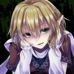  arm_warmers blonde_hair blush chin_rest din_(flypaper) empty_eyes green_eyes looking_at_viewer mizuhashi_parsee pointy_ears scarf shaded_face short_hair smile smirk solo touhou yandere 