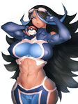 abs black_hair breasts cameltoe cleavage covered_nipples curvy dark_skin elbow_gloves fumio_(rsqkr) gloves goggles goggles_on_head hair_over_one_eye izumi_(pokemon) large_breasts long_hair looking_at_viewer navel poke_ball poke_ball_(generic) pokemon pokemon_(game) pokemon_oras simple_background skindentation solo thick_thighs thighs toned white_background wide_hips 