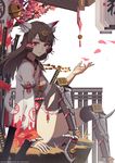  animal_ears architecture arm_garter armor bad_id bad_pixiv_id bell black_legwear braid breasts brown_hair cherry_blossoms circlet east_asian_architecture expressionless facial_tattoo fox_ears fox_girl fox_tail french_braid frilled_legwear greaves hair_tubes hand_up high_heels japanese_armor japanese_clothes jingle_bell katana knee_up kote lantern leg_armor lips long_hair long_sleeves looking_at_viewer obi original outdoors paper_lantern petals red_eyes sash sheath sheathed simple_background sitting small_breasts solo soulkiller sword tail tattoo thighs tree watermark weapon white_background wide_sleeves wind wind_chime 